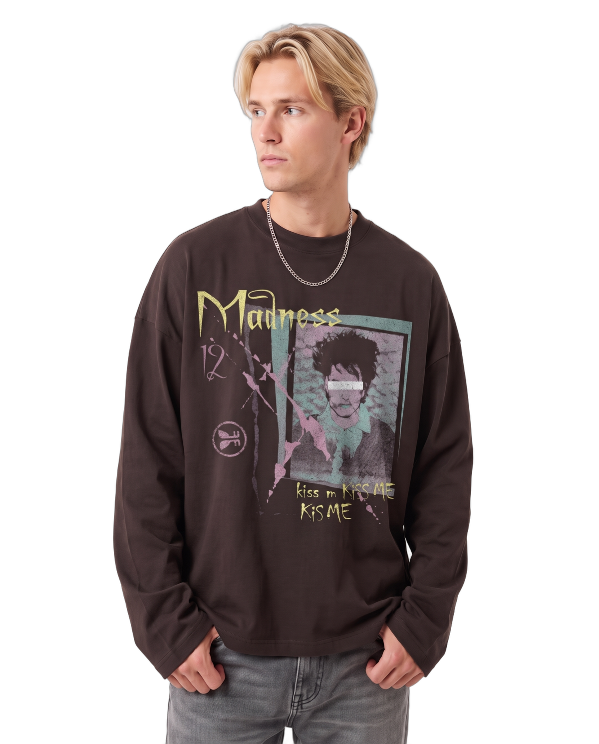 Kiss Me Baggy L/S Tee on body - Off Black