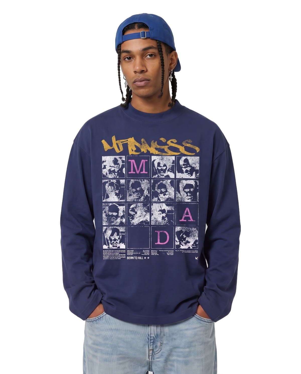 Split Persona Baggy L/S Tee on body - Blue